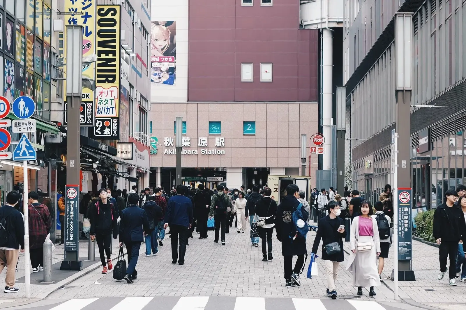 Pedestrians and colorful storefronts near Akihabara Station in Tokyo