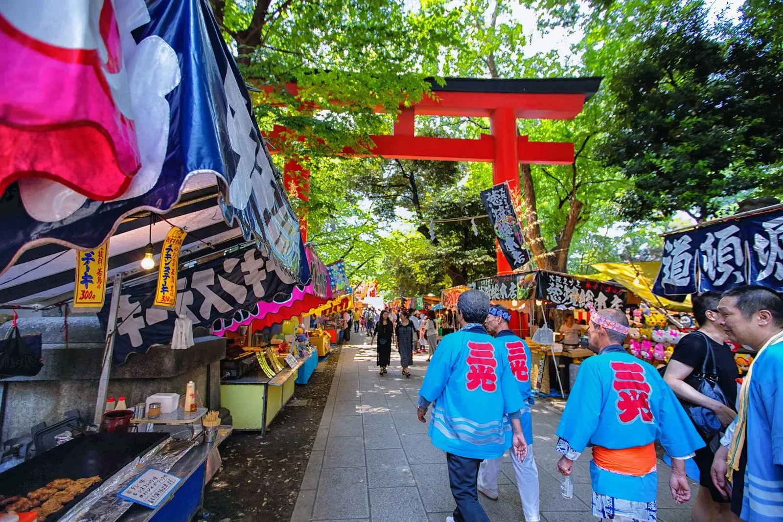 Traditional Japanese street festival with colorful stalls in Tokyo