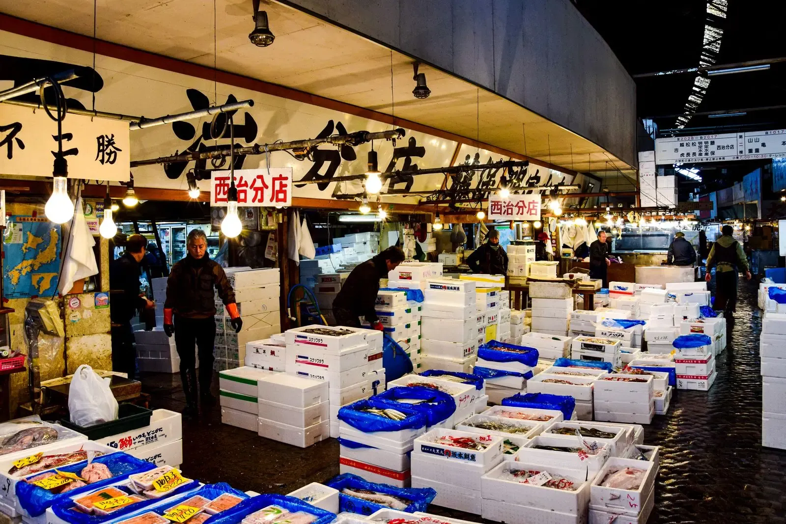 Vendors working at Tsukiji Market in Tokyo